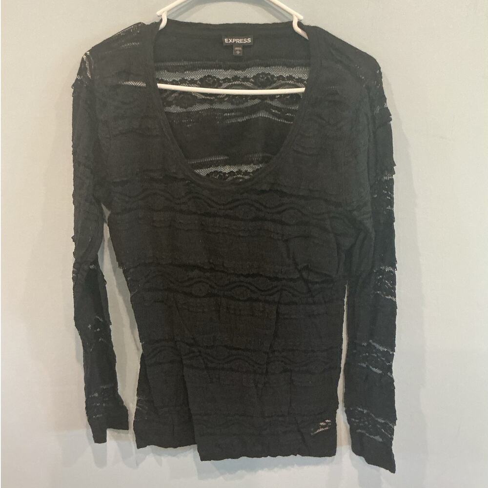 Vintage Express Womens Lace Long Sleeve Shirt Size L Black Whimsigoth Gothic